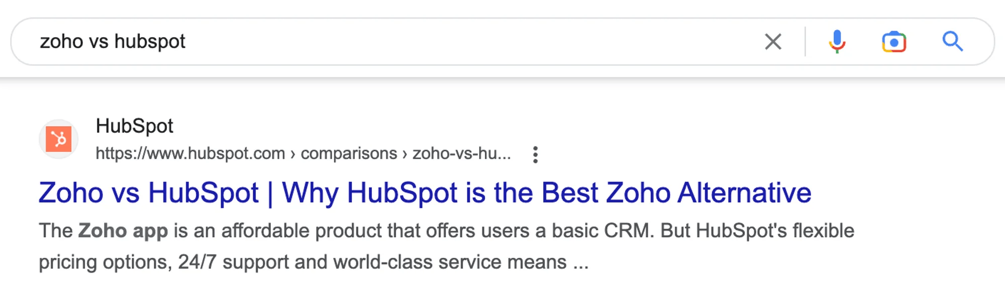 Example of competitor programmatic landing page: Zoho vs Hubspot 