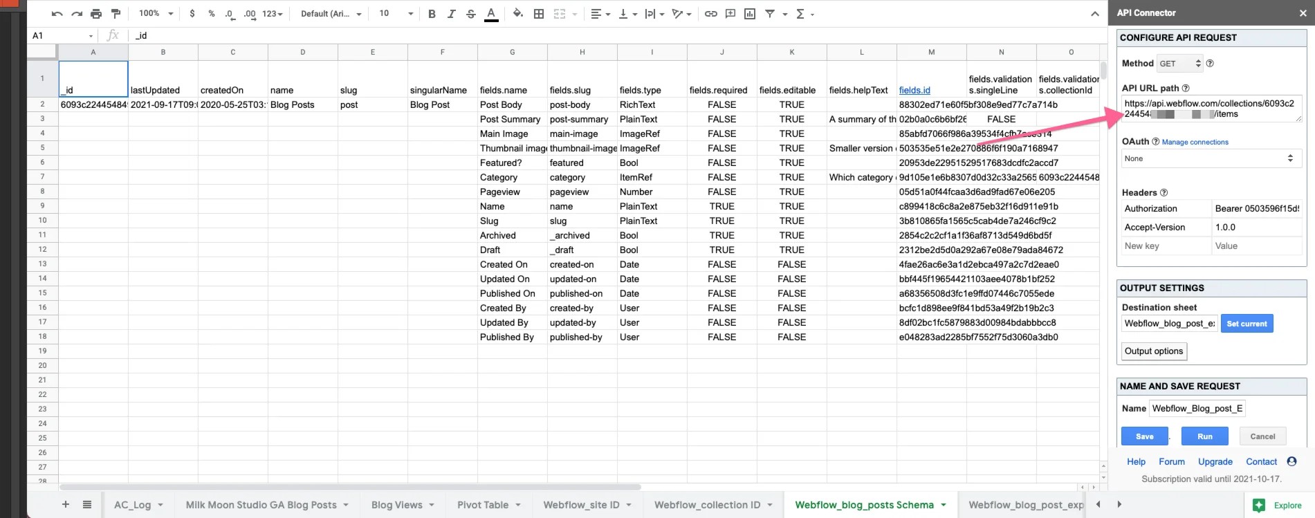 Configure Webflow API Request in Google Sheets