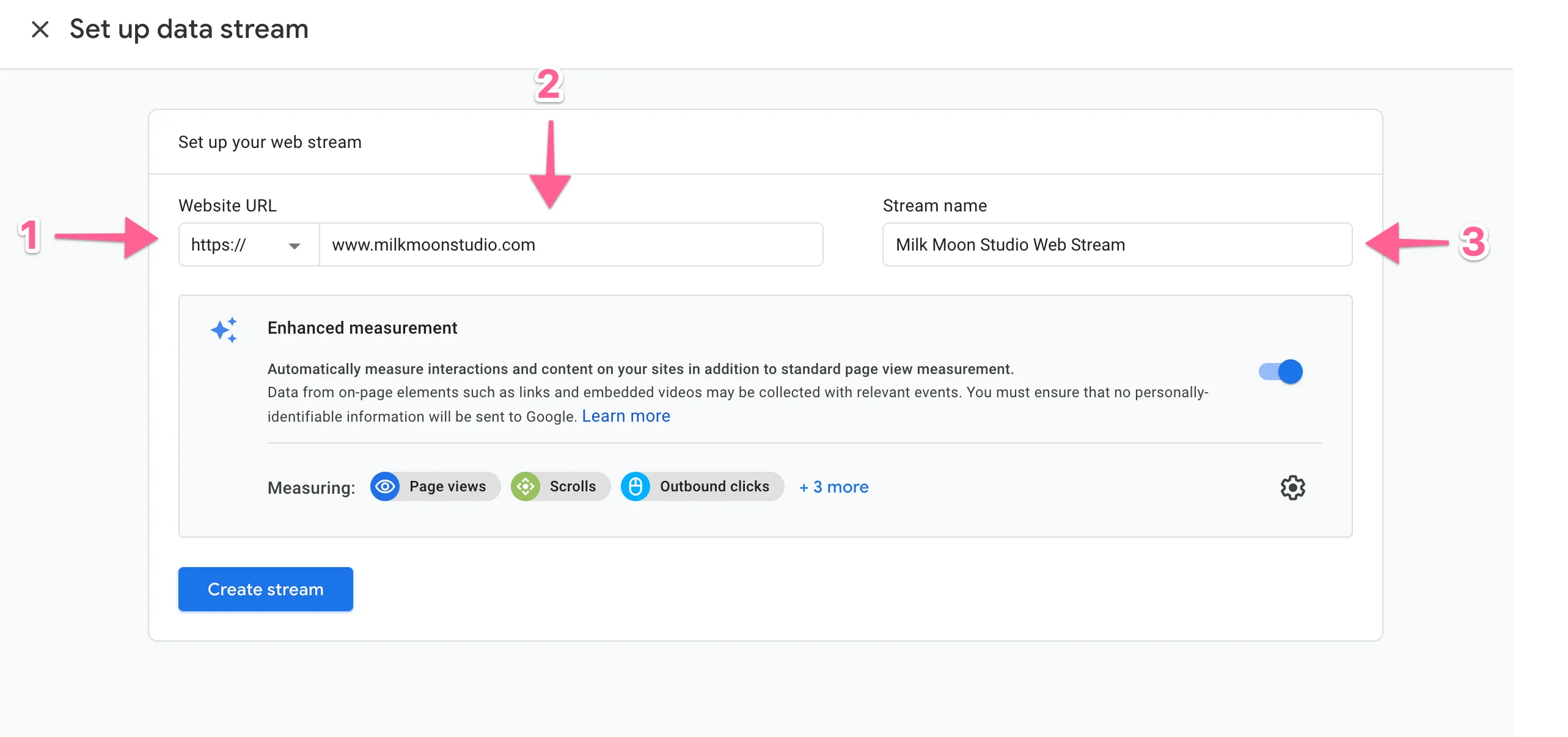 Google Analytics 4 data stream url and name