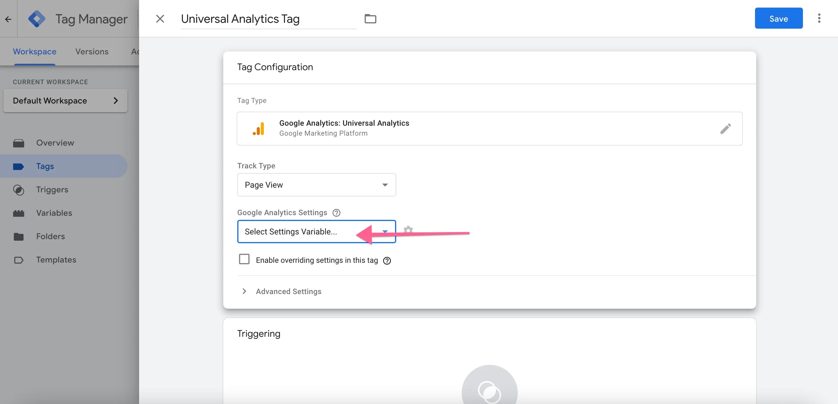 Universal Analytics Tracking Variable Selection in Tag Manager