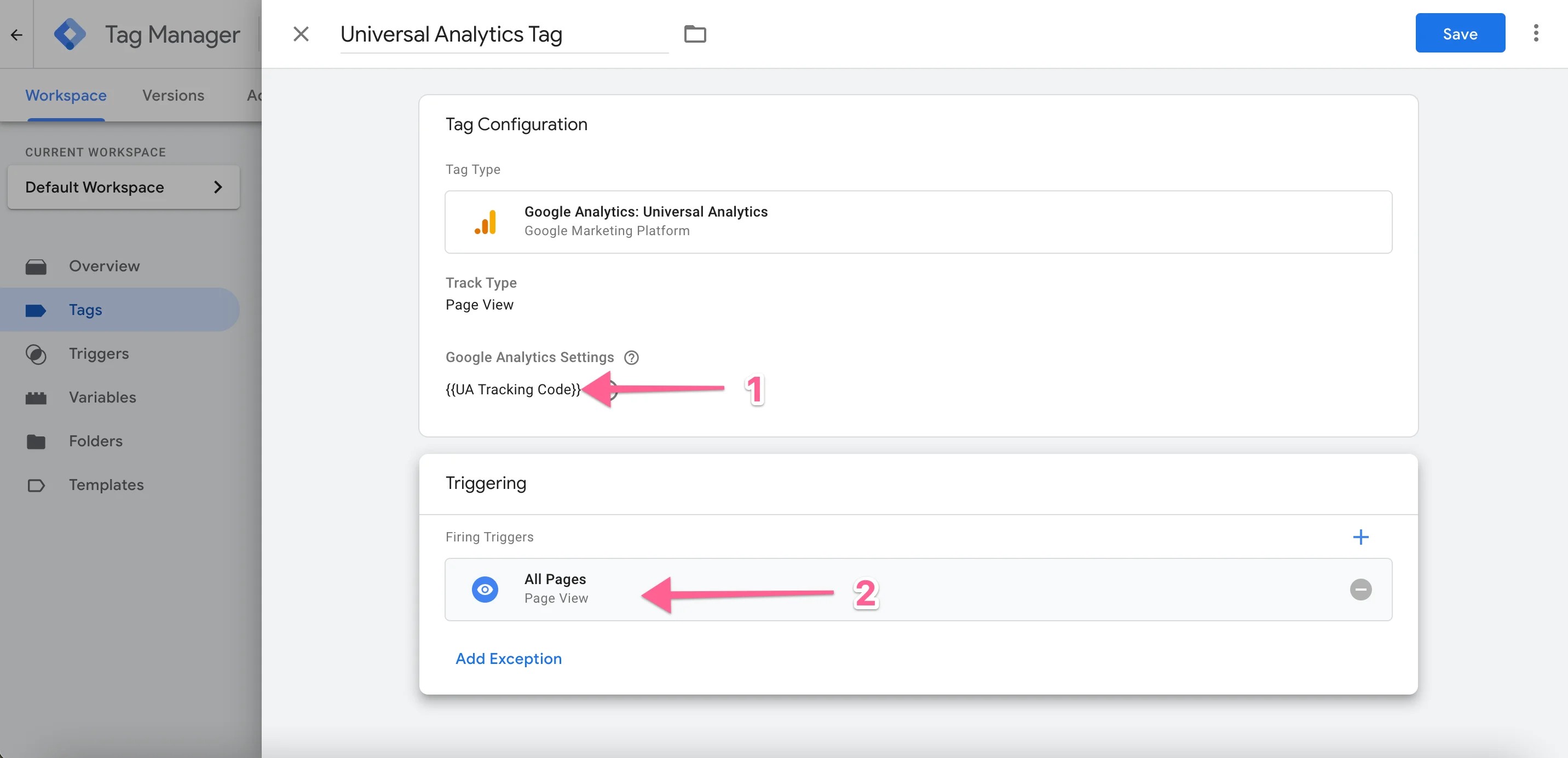 UA Variable selection in Tag Manager Universal Analytics configuration Tag