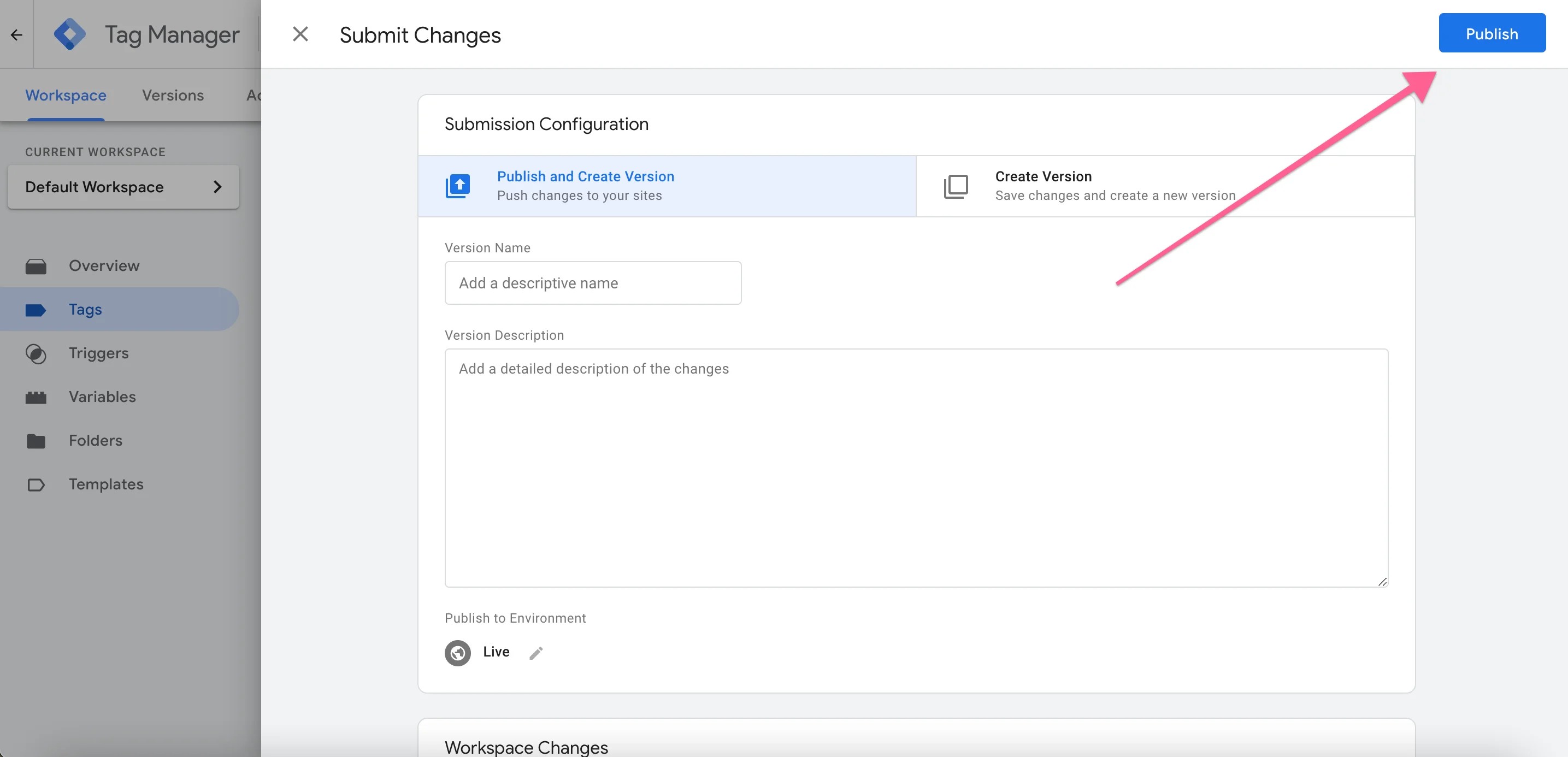 Publish the Tag and Submit Changes in Google Tag Manager